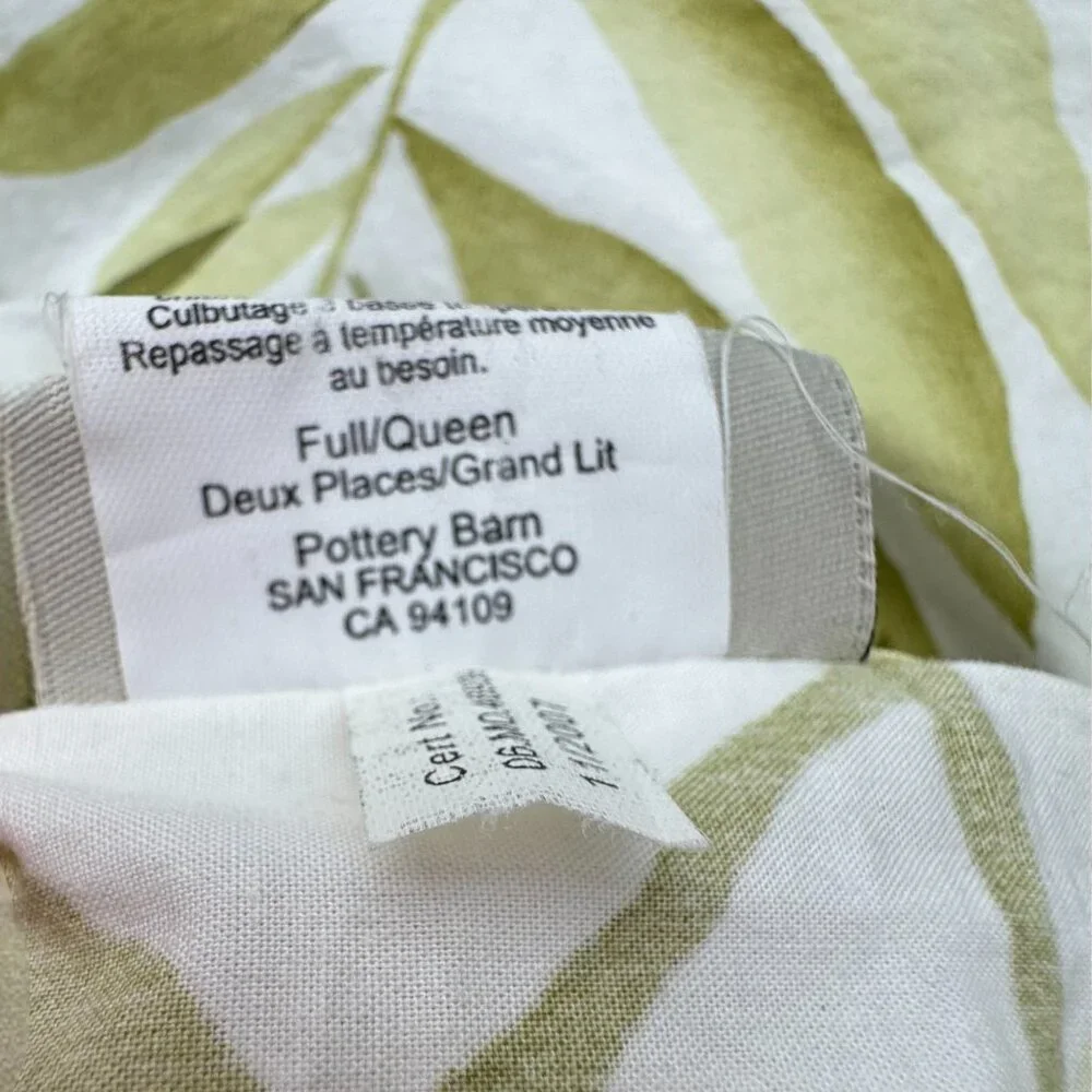 Pottery Barn Green Botanical Leaf Print Organic Cotton Duvet Cover Full/Queen